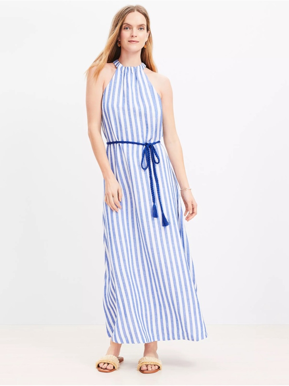 LOFT NWT Striped Linen Blend Belted High Neck Maxi Dress size 10 PTP  16-22”